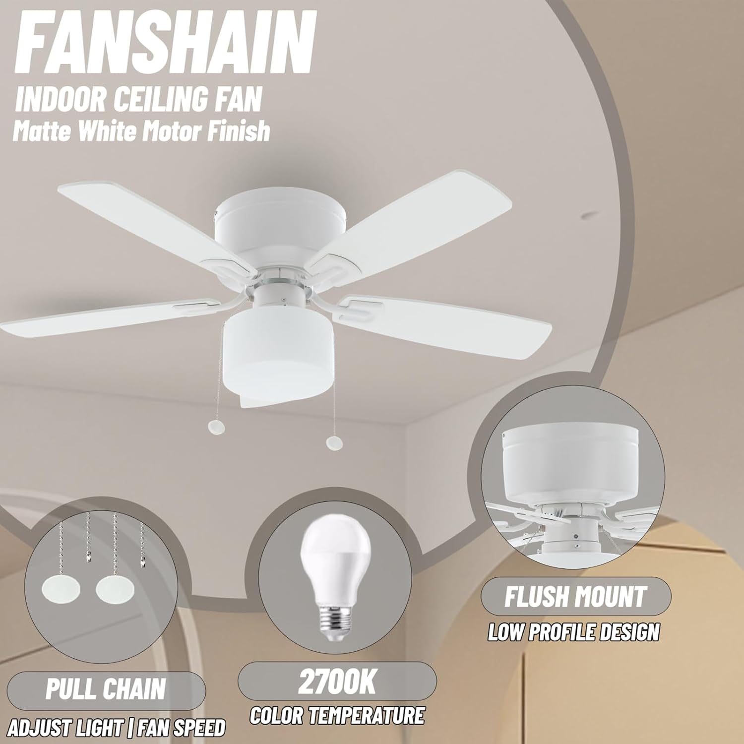 42" Pull Chain Ceiling Fan: Traditional Flush Mount Ceiling Fan with Light - LED Bulb - Dual Finish Blades - Reversible Function for Bedroom - White