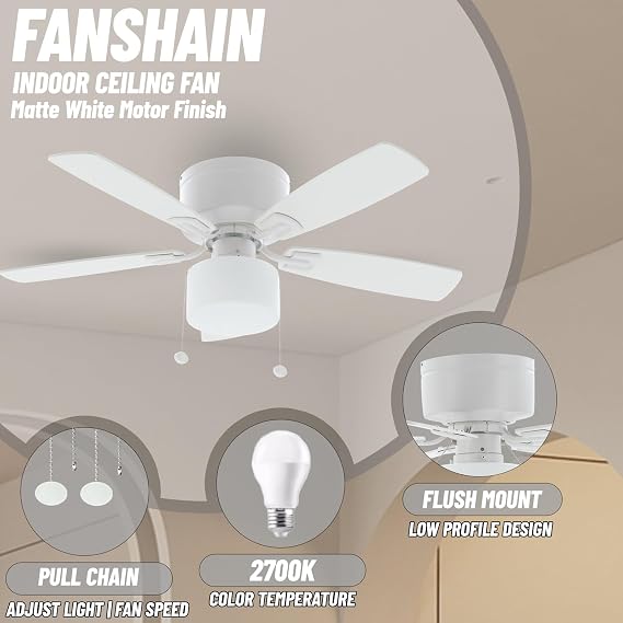 42 Inch Flush Mount Ceiling Fan with Light, Pull Chain, 3 Blades | Easy Installation,2500 CFM,Pull Chain Control,Reversible Motor,LED Light,Covered Outdoor,Quiet,