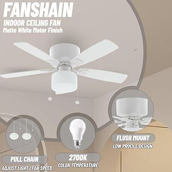 42 Inch Flush Mount Ceiling Fan with Light, Pull Chain, 3 Blades | Easy Installation,2500 CFM,Pull Chain Control,Reversible Motor,LED Light,Covered Outdoor,Quiet,