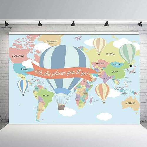 Miniatura 2 de MEHOFOND Cartel de fotos de fondo de 7 x 5 pies para decoración de fiesta de cumpleaños con mapa de viaje alrededor del mundo, globo aerostático Oh