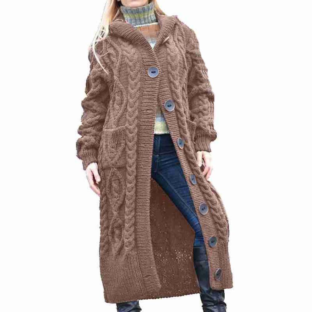 HGJH Damen Zopfstrick Hoodie Cardigan Vorne Offen Lange Strickjacke Lockere Knöpfe Weicher Pullover Elegante Übergangsjacke Kimono Cardigan Mantel Oberbekleidung Herbst Winter Khaki S