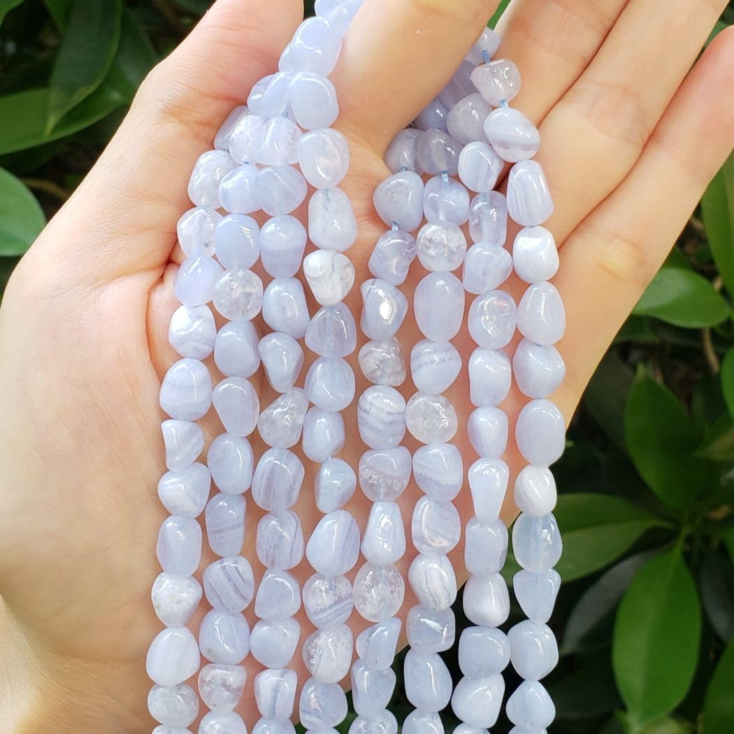 Adabele 45 Inch Natural Light Blue Lace Agate Gemstone Loose Beads 8mm to 10mm Free Form Oval Tumbled Pebble Gem Stone Spacerfor Jewelry Making GZ12-2