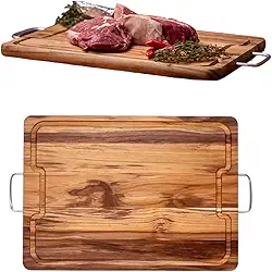 Tabua Churrasco 50X36CM Com Alça em Metal Madeira Teca Maciça Acabamento Premium Grande - Perfeita para Cortes de Carne, Ideal para Presentes, Super Resistente e Durável - a melhor do mercado
