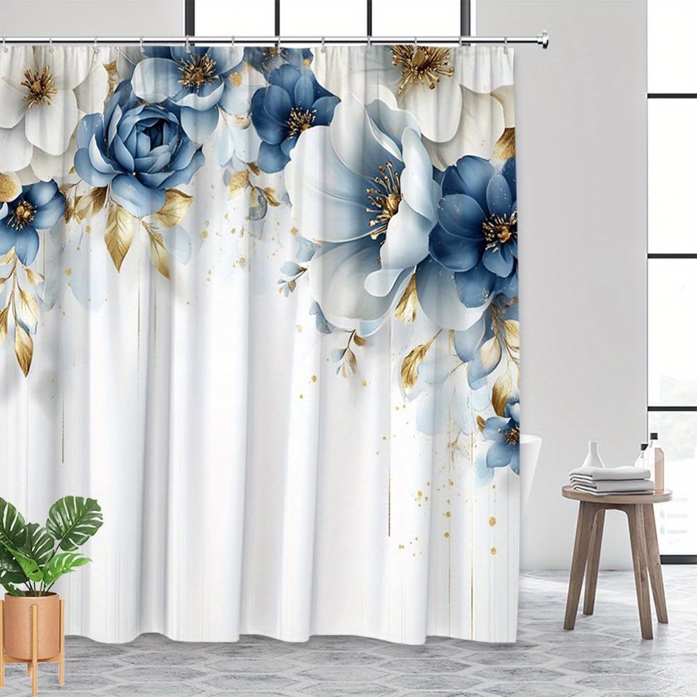 1 pezzo 180x220CM Fantasia floreale blu e bianca Tenda da doccia con gancio, in poliestere, per finestre e pareti, vasca da bagno, bagno, lavabile in lavatrice, universale per tutte le stagioni.