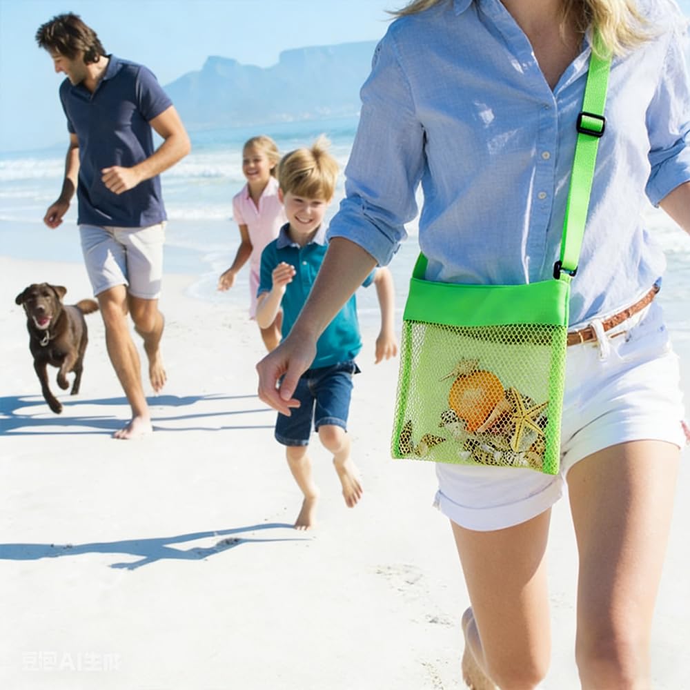 Bolsa Juguetes Playa Malla, 5 PCS Bandolera Bolsa Playa Niños, Beach Toy Bag, Ajustable Bolsa Playa Niños, para Guardar Juguetes y Conchas Marinas