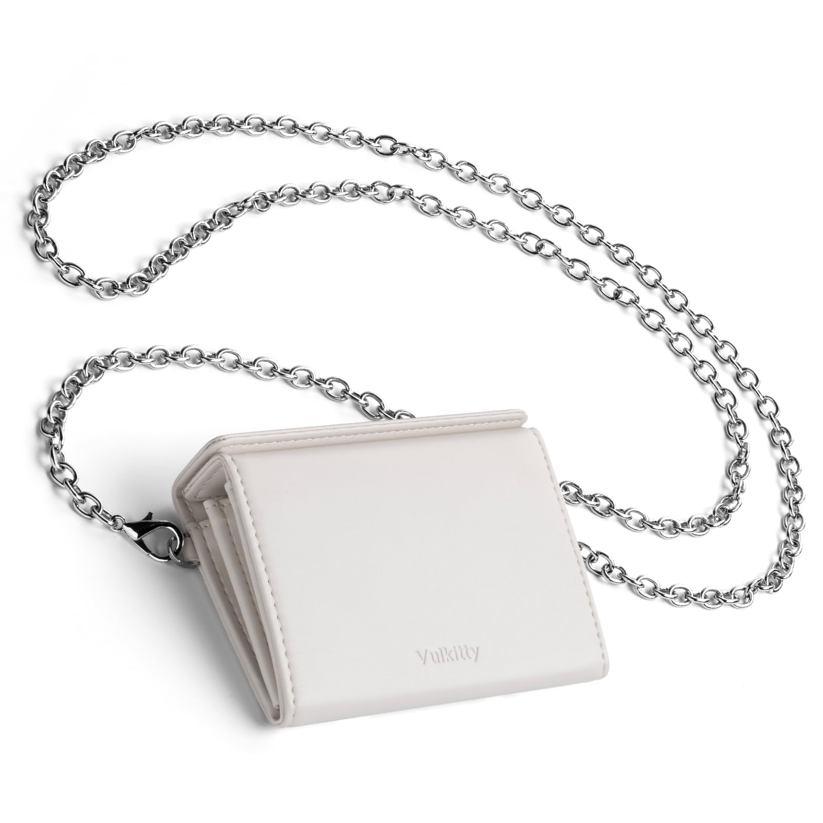 Vulkitty Credit Card Wallet with Chain Strap for Women Minimalist Magnetic Closure Pouch Change Wallet RFID Blocking Slim Coin Purse (White)