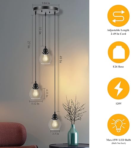 Miniatura 5 de Moderna lámpara colgante de 3 luces, lámpara de techo colgante industrial con pantalla de vidrio transparente, iluminación colgante negra vintage