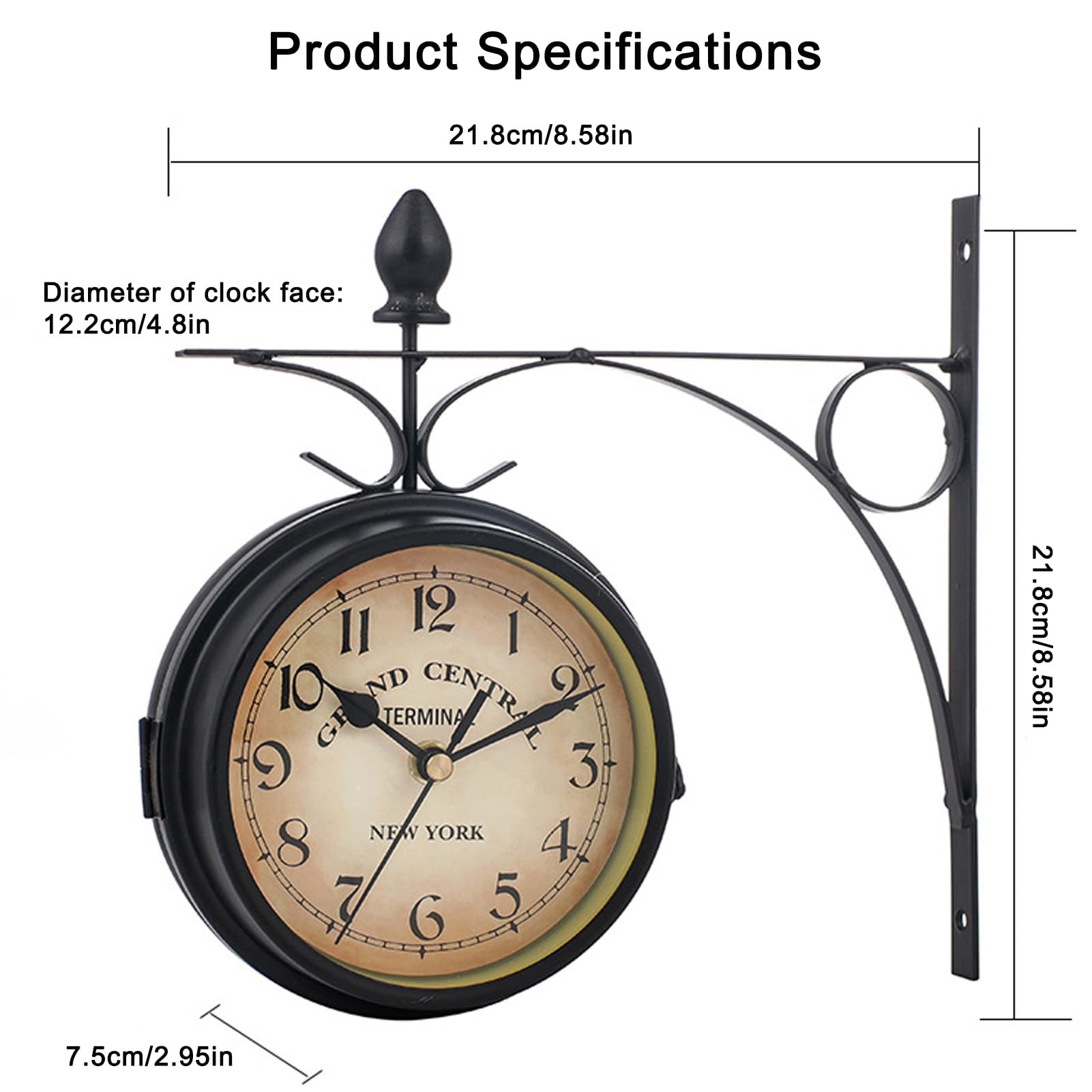 Syfunlv Horloge de Gare Rétro Double Face, Jardin Train Gare Horloge Murale, Nombre Horloge Murale en Fer, pour L’intérieur et L’extérieur Maison Terrasse Jardin Cuisine Cour Séjour, 21,8 * 21,8 cm