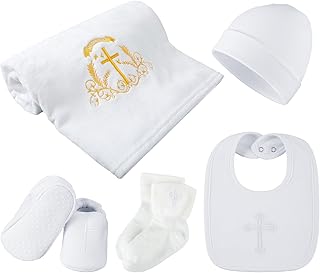 Panitay 5 Pcs Baby Baptism Bib Christening Socks Blanket Shoes Hat Set White Blanket with Embroidered Cross Bib Christening Shoes and Socks Baptism Bib or Hat for Toddler Infant First Communion