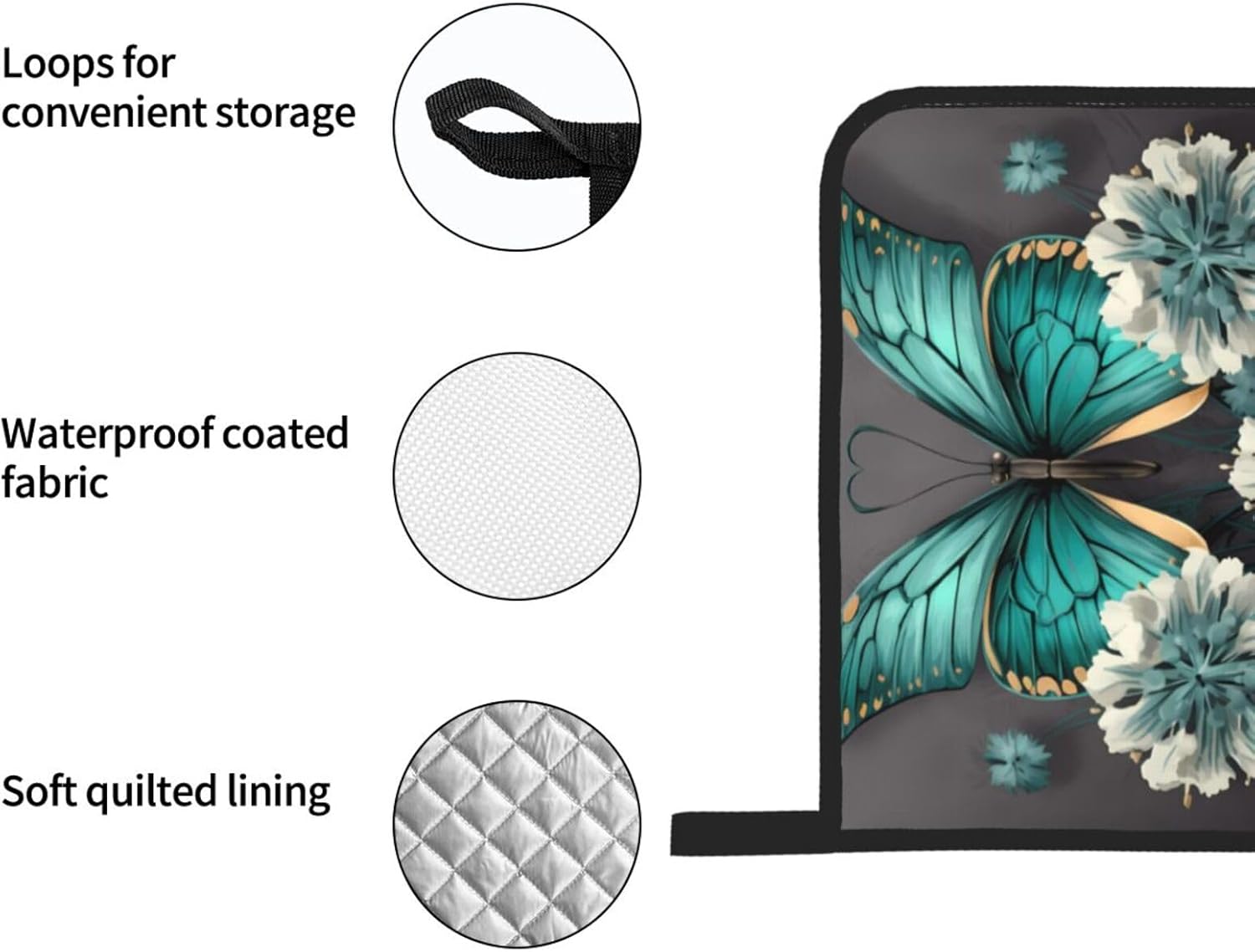 (Gray Teal Flower Butterfly) Baking 4-Piece Set: 2 Oven Mitts and 2 Pot Holders Heat Resistant Waterproof Hanging Loop for Kitchen Oven Grill Housewarming Gifts