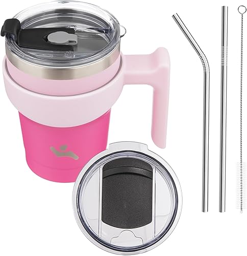 Vaso de 10 onzas con asa y 2 pajillas, 2 tapas, botella de agua aislada de acero inoxidable al vacío, taza reutilizable para viaje, Sakura