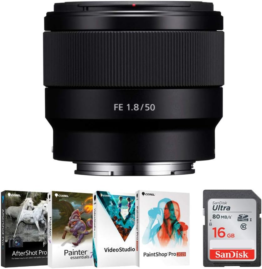 Sony FE 50mm f/1.8 (SEL50F18/F) Lens Bundle with 16GB SD Card and Software Kit for Full Frame ILC (3 Items)