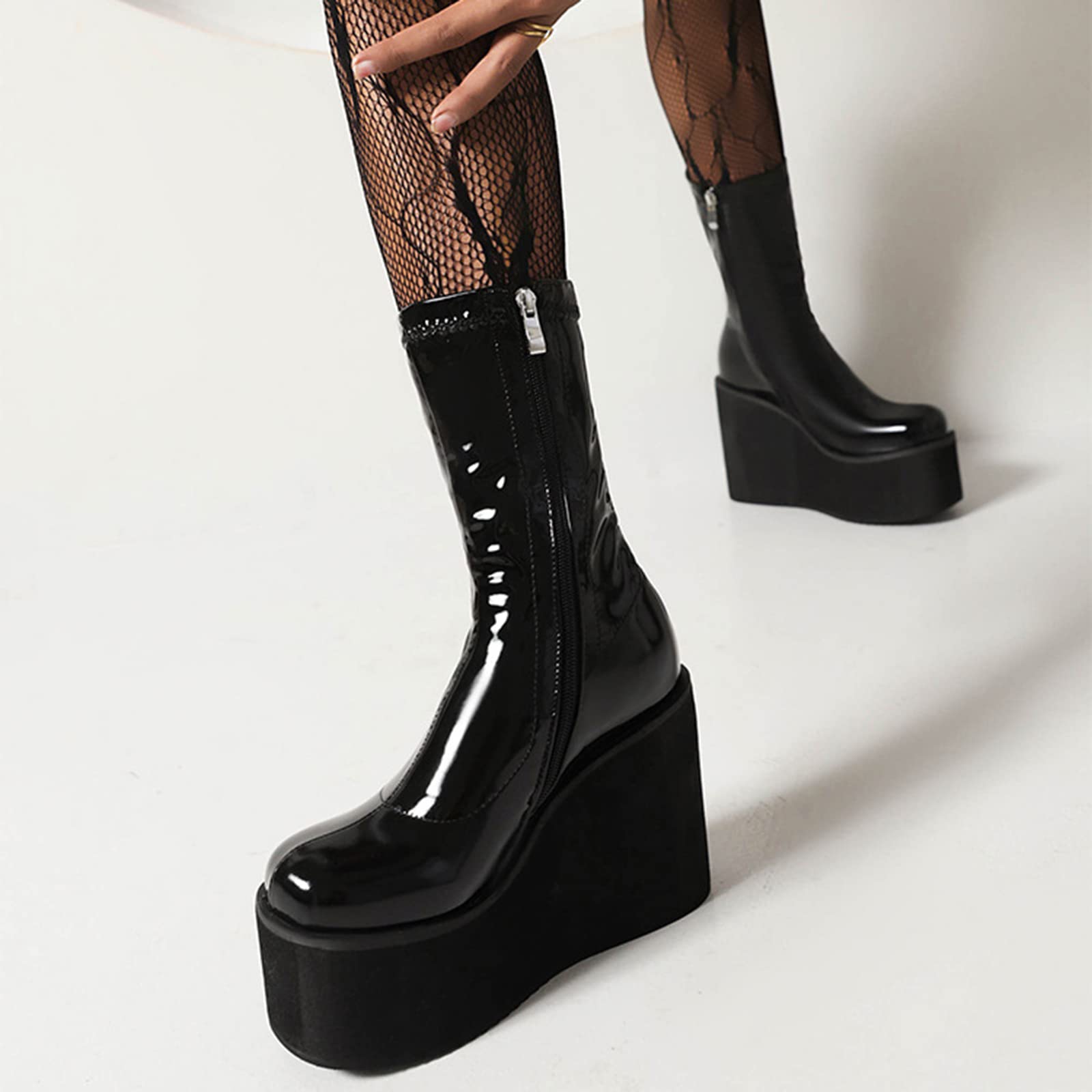 12CM/4.72IN Stivali Grandi Dimensioni Donna Autunno E Inverno Pelle Verniciata Fondo Spesso Super Tacco Alto Stivali Zeppa