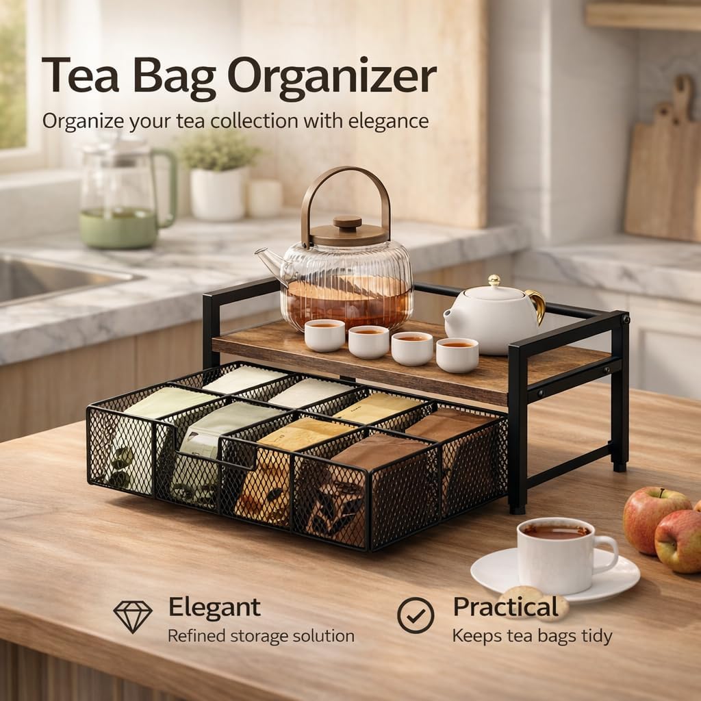 Tea Bag Organizer for Countertop with Pull-Out Drawer, 8 Compartment Wood and Metal Tea Station for Tea Bags, Coffee Pods, Sugar Packets, Rustic Brown