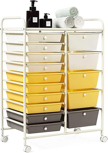 Topment - Cajas de plástico con 15 cajones, organizador rodante, herramientas de almacenamiento, papel multiusos (amarillo)