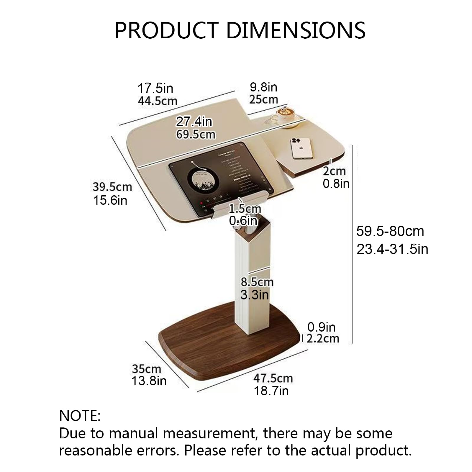 Mesa auxiliar en forma de C de altura ajustable con parte superior giratoria, mesa de sofá rodante que se desliza debajo del sofá, bandeja de TV para cama, color blanco