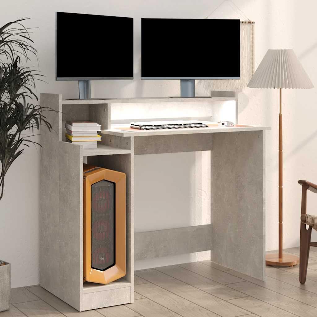 Bureau Gris béton en Bois d'ingénierie 97x45x90 cm avec éclairage LED intégré Poste de Travail Informatique Compact pour télétravail et étude à la Maison Bureau Gamer et étudiant