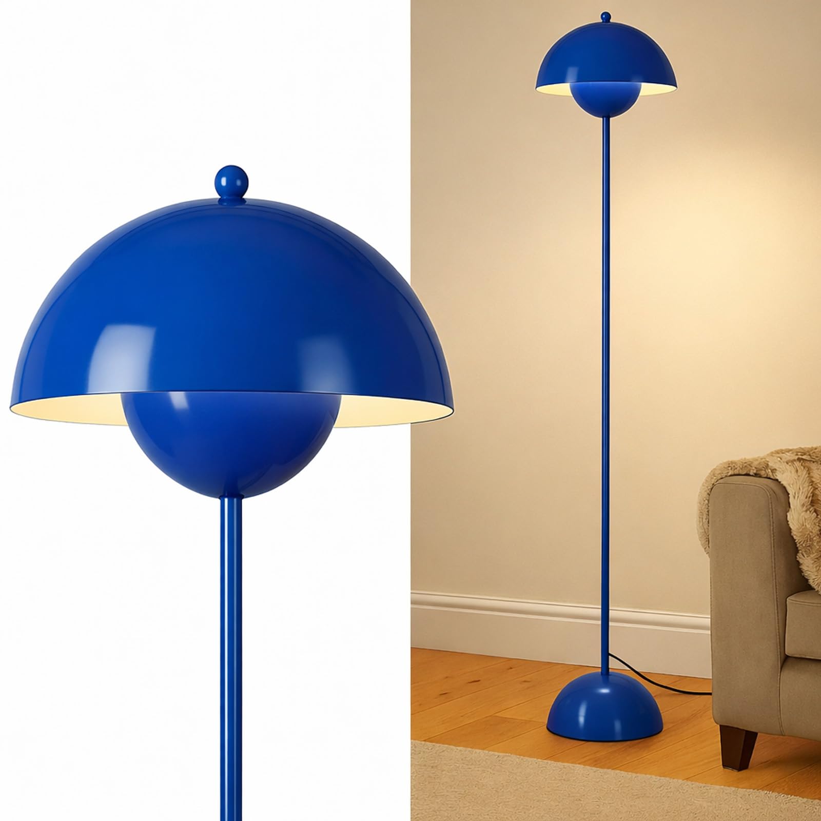Alpinaluz Lampa stojąca ze stali z kopułowym kloszem – nowoczesny, nordycki i retro – oświetlenie pośrednie – oprawka LED E27 – przełącznik nożny do salonu, sypialni lub jadalni (błękit kobaltowy)