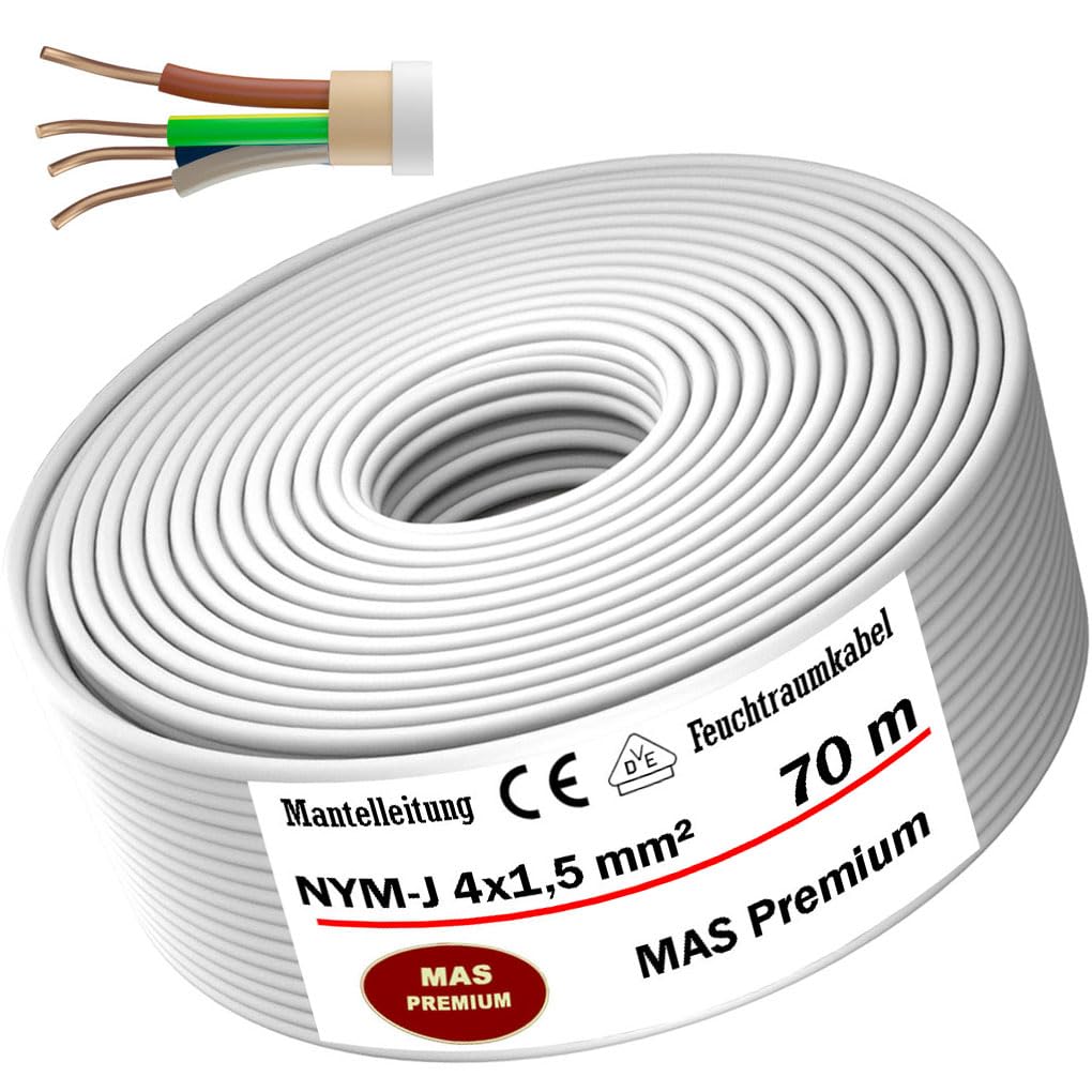 Cavo di alimentazione rivestito NYM-J per ambienti umidi da 5, 10, 15, 20, 25, 30, 35, 40, 50, 60, 70, 75, 80, 90 o 100 m, 4 x 1,5 mm², cavo elettrico ad anello per installazione fissa (70 m)
