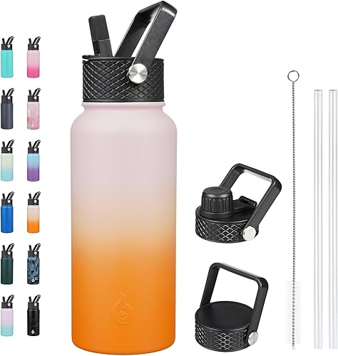 Miniatura 62 de BJPKPK Botellas de agua aisladas con tapa con pajilla, termo frío y caliente de 22 onzas, botella de agua de metal de acero inoxidable con 3 tapas,