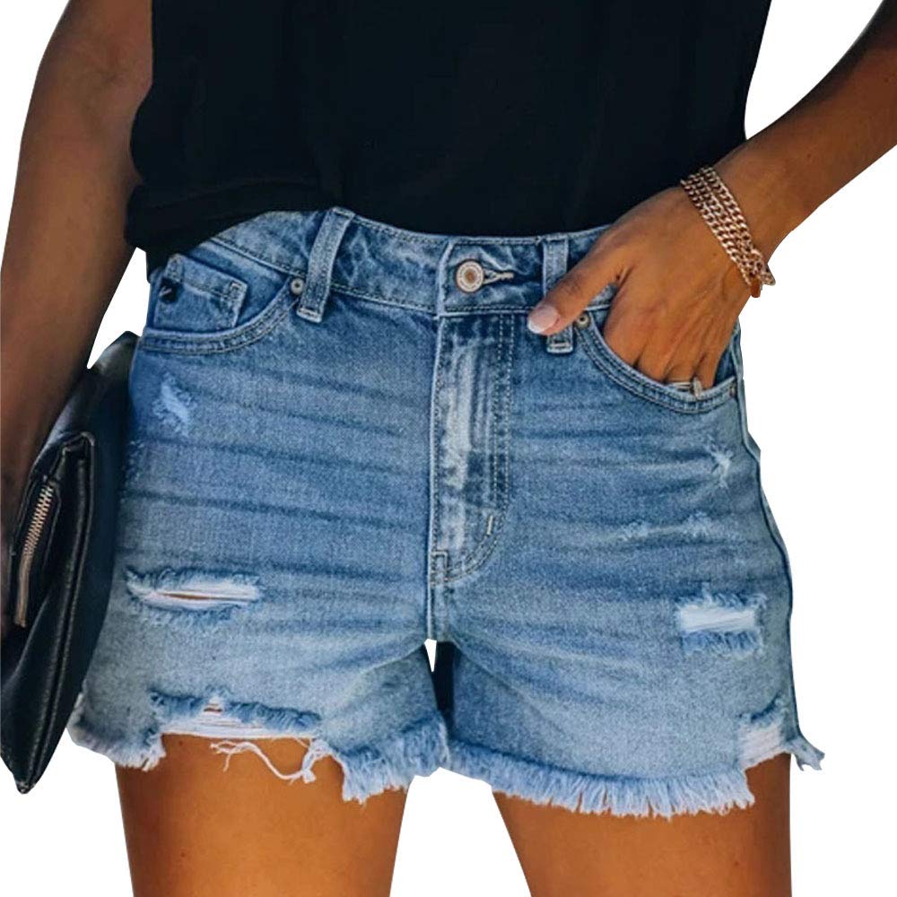 LAVIQK Women's Denim Mid-Rise Jeans Shorts Boyfriend Roll Cuff Stretchy Frayed Shorts Casual Vintage Distressed Pants