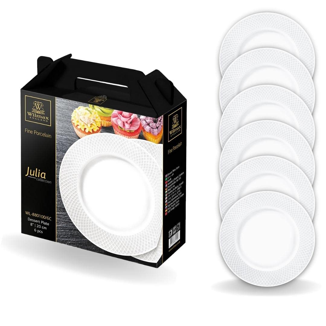 Wilmax - Piatti - 6 pezzi - Ø 20 cm - piatti in porcellana bianca - tavola - Lavabili in lavastoviglie - per colazione, per dolci - Confezionati in una confezione regalo