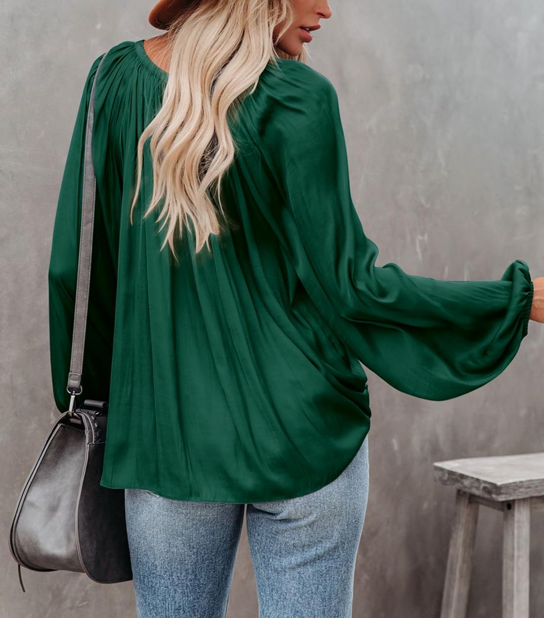 LAMISSCHE Womens Sexy Deep V Neck Blouse Lantern Long Sleeve Chiffon Shirt Oversized Drawstring Silk Satin Tunic - Image 5
