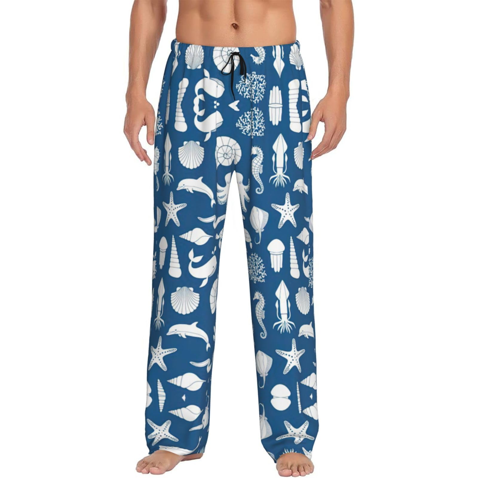 Sdegtho Men's Black Underwater Marine Life Pajama Bottom Pants Sleepwear Lounging Relaxed House Pjs Pants With Side Pockets
