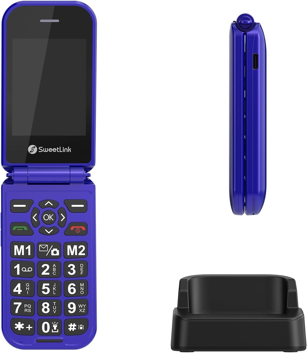 SweetLink F4 Plus 4G - Teléfono Móvil para Personas Mayores con Tapa, Teclas Grandes y Pantalla de 2,8”, Batería 1400mAh, Botón SOS, Contacto con Foto, Base de Carga USB-C, Doble Nano SIM, Azul