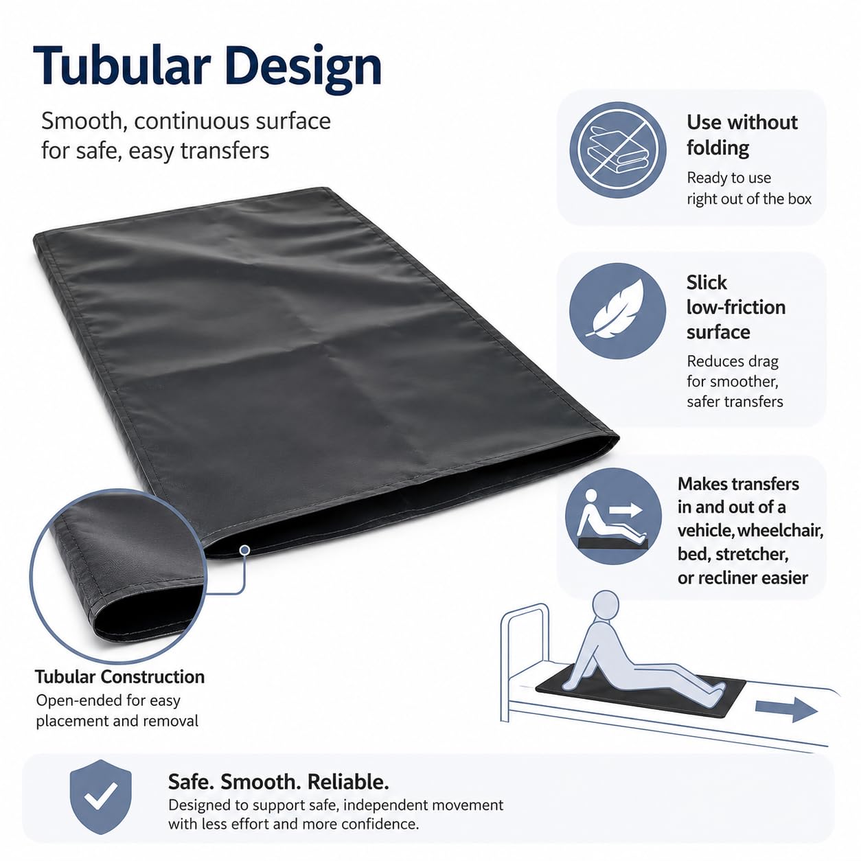 Tabla de transferencia tubular para vehículos, sillas de ruedas y traslados de cama, para pacientes discapacitados, ancianos, giros, reposicionamiento, deslizamiento (24 x 16 pulgadas)