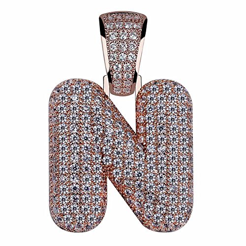 Hechuang Micropave Simulated Diamond Iced Out Bling Custom Bubble Letters Pendant with Rope Chain (N - Rose Gold, 24)