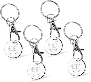 Pagezol 4PCS Trolley Coin Keyring Set, Shopping Trolley Token, Trolley Tokens for Supermarket, Cart Trolley Key, Stainless Steel Round Shaped Trolley, Cart Keychain, Removable Shopping Keychain