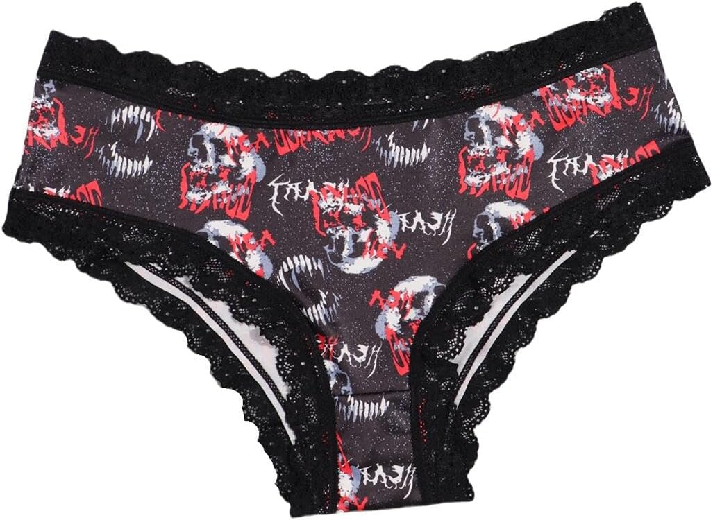 Morvia 10pcs Women's Gothic Contrast Lace Halloween Skull & Rose Print Hipster Panties Assorted Styles - Image 9
