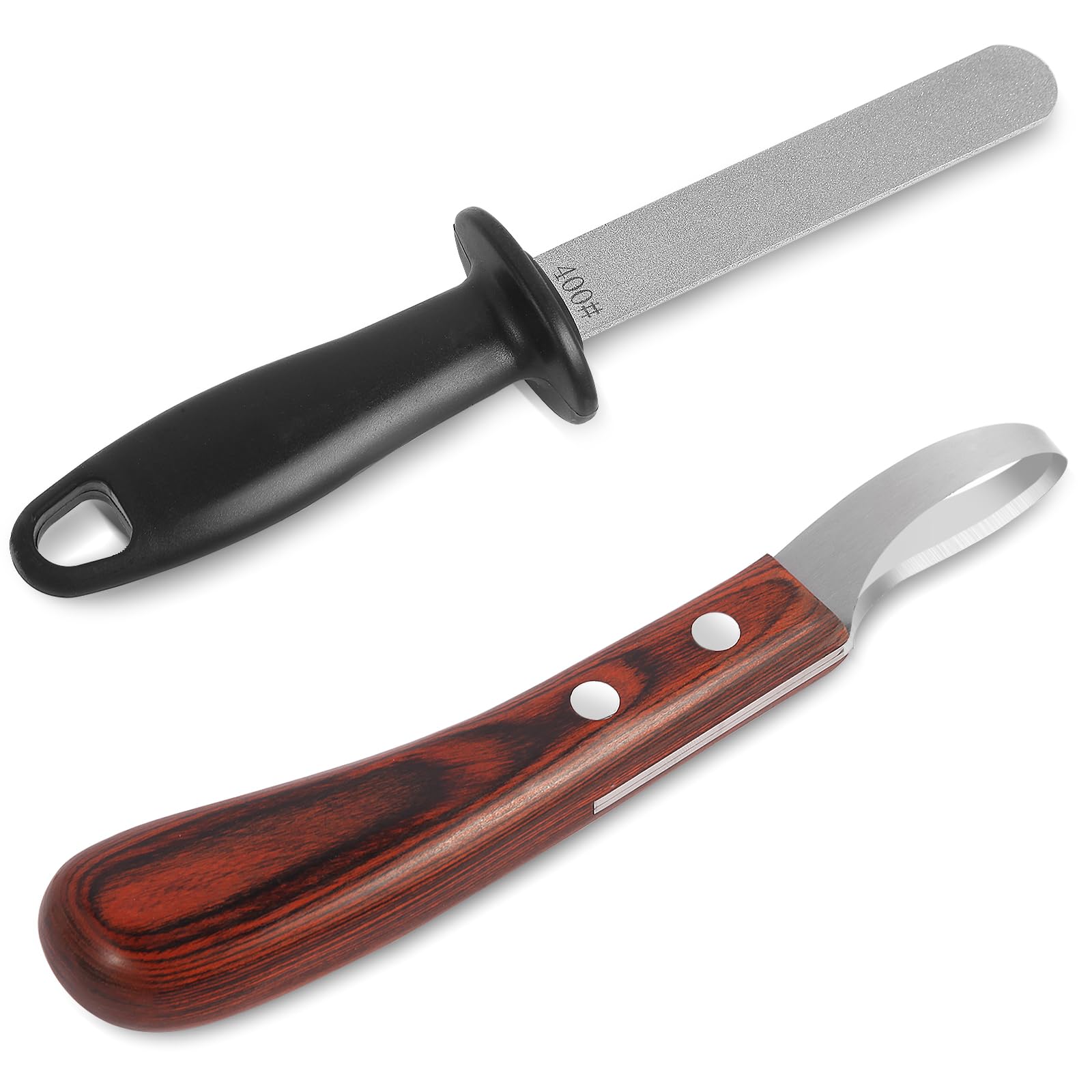Hoof Knife with Sharpener,Farrier Tool Kit,Double Edged Hoof Trimming Knife with Wooden Handle, High-Carbon Steel Blade Hoof Knife for Horses