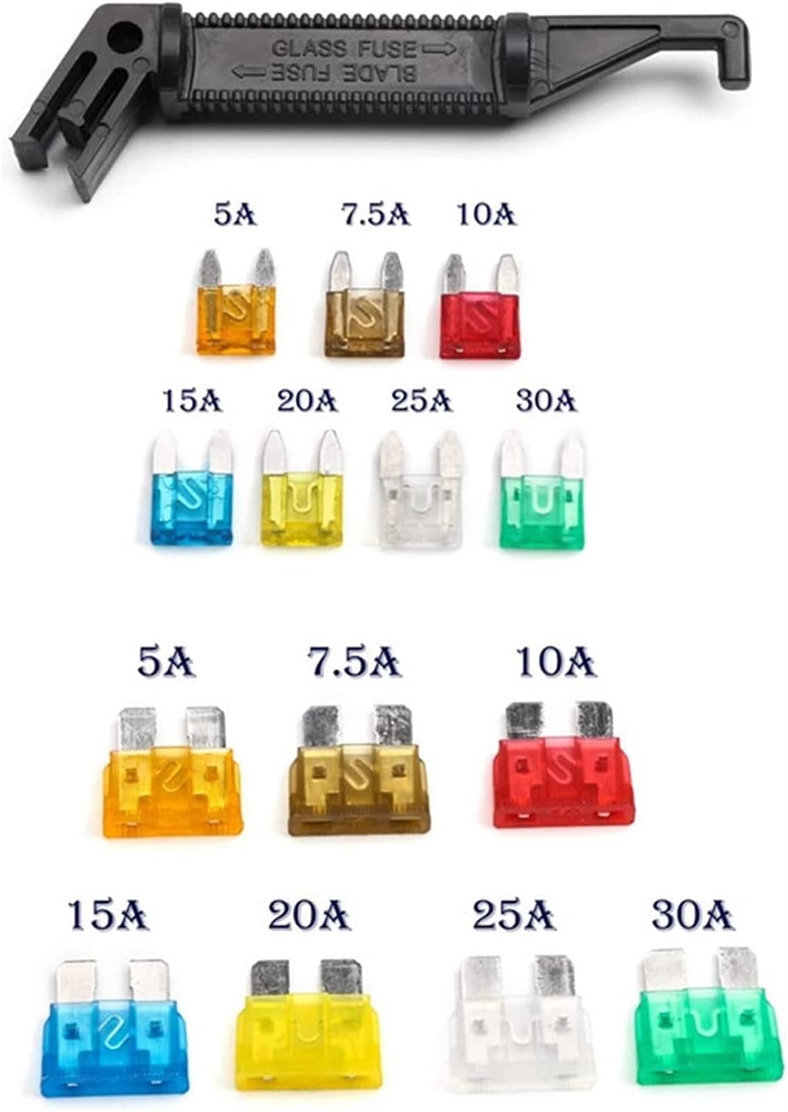 242 sztuki 5-30 A mini bezpiecznik samochodowy, wielokolorowy, do samochodu, ciężarówki, bezpieczników ATC, zestaw nylonowy i aluminiowy z czarnym kluczem zabezpieczającym