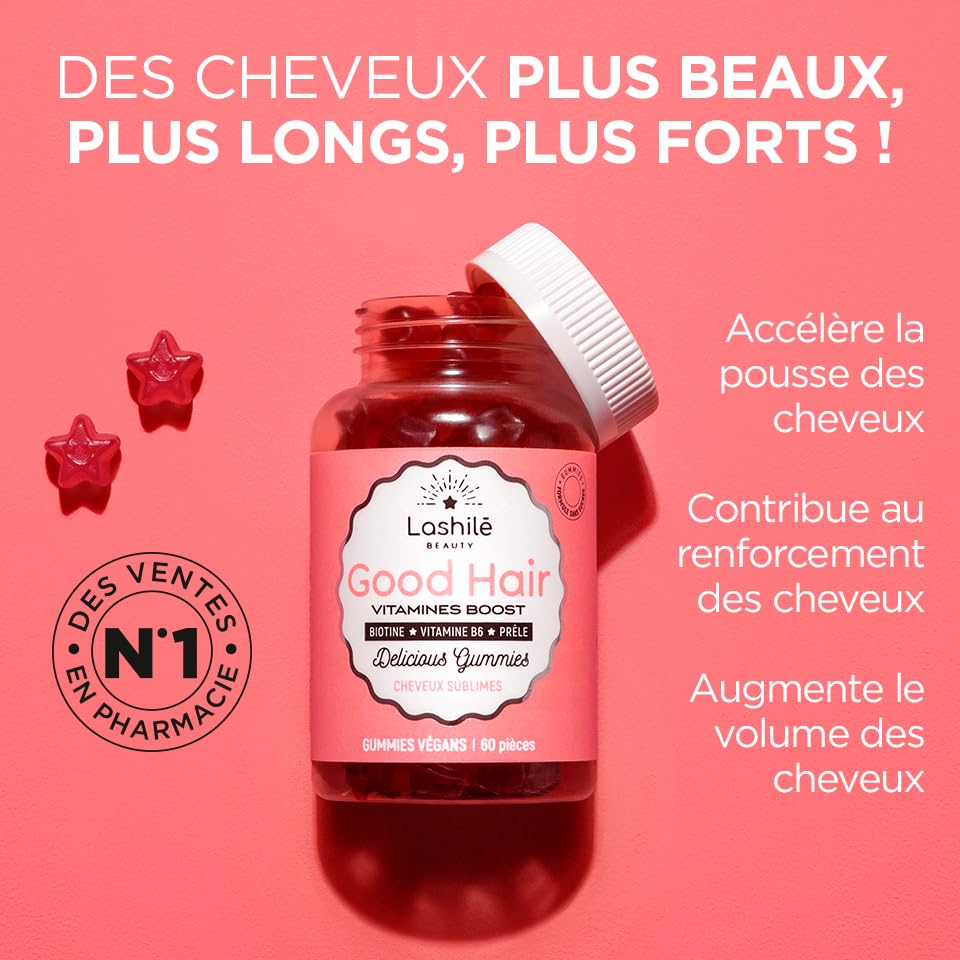 Lashilé Beauty - Good Hair Vitamins - Pousse Croissance & Fortification des cheveux - Compléments Alimentaires - Made in France - Biotine, Zinc, Vitamine B8, C, B6 - Cure 2 mois - 120 Gummies – Image 3