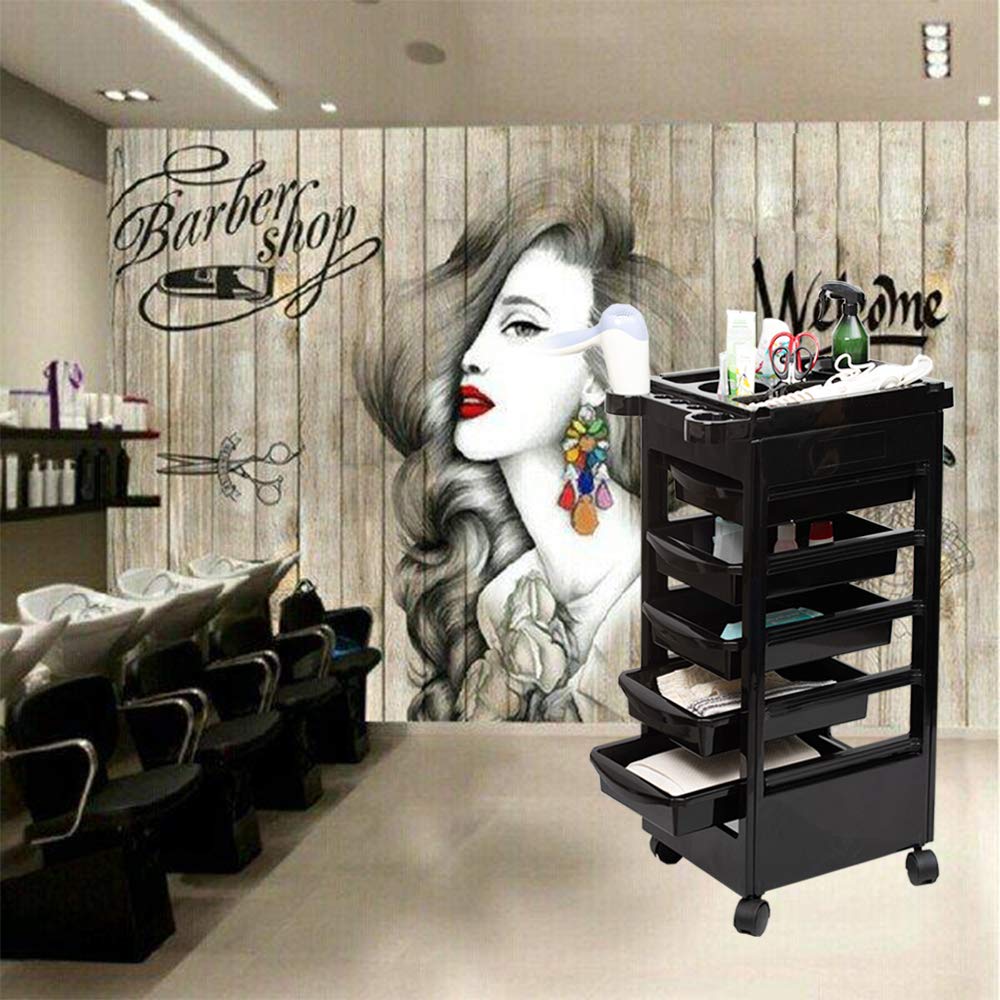 Chariot de Coiffure sur roulettes avec 5 Tiroirs pour Salon de Beauté Spa (Noir)