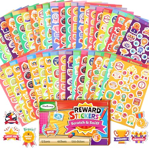 HORIECHALY Smelly Reward Stickers for Kids - 48 Sheets 12 Scents 1320 Pieces Scented Scratch and Sniff Stickers Motivational Classroom Incentives for Teachers Students Toddlers