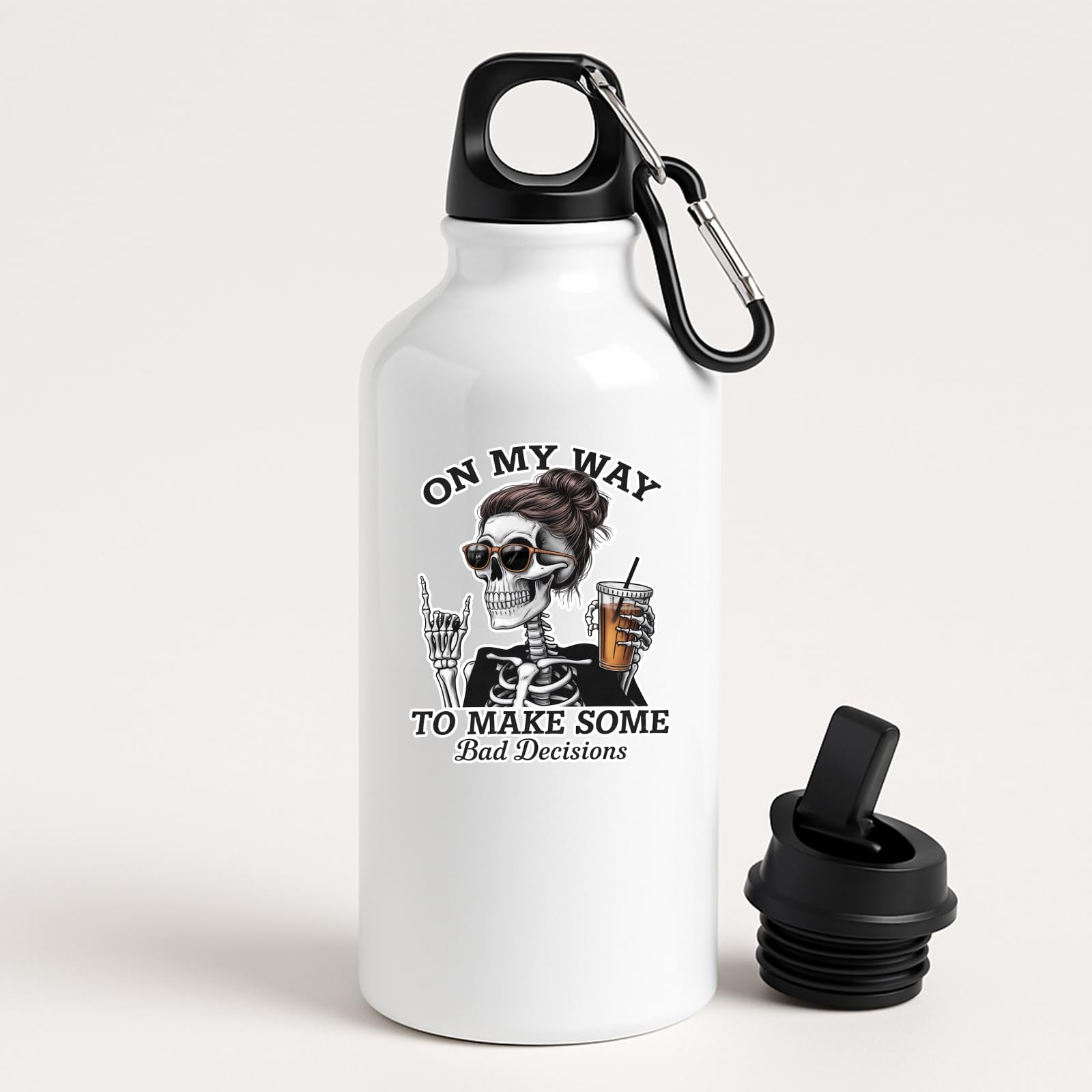 On My Way to Make Some Bad Decisions Water Bottle with Roses and Feathers Gothic Stainless Steel Flask Unique Skull Design Gift for Him or Her Reusable Leakproof for Hot or Cold Drinks - White