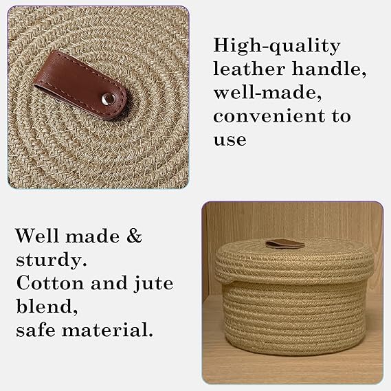Image of [Set of 2-9.5x5 inch & 11x6.5 inch, Round, Beige] Handwoven Soft Jute Cotton Basket with Lid | Eco-Friendly, Naturally Reshapes After Filling | Ideal for Organization & Gift Hampers