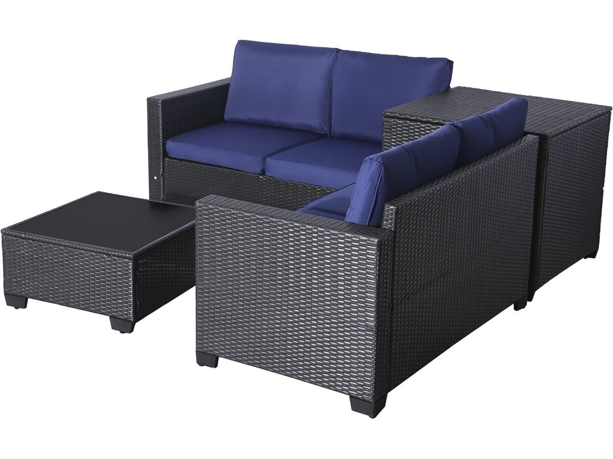 Salon de Jardin en résine tressée avec Coffre de Rangement Riley - 4 Places - Bleu foncé