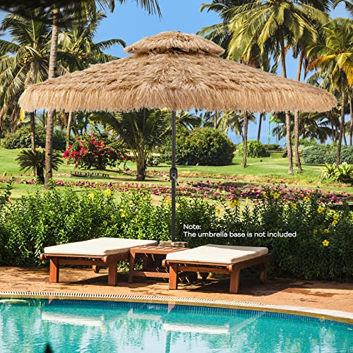 Tangkula 10 ft Thatched Patio Umbrella, 2 Tier Hawaiian Style Grass Beach Umbrella with 32 Led Lights, Center Light, Solar Tiki Umbrella with 8 Ribs, Tilt Adjustment, Manual Crank for Backyard, Poolside, Deck