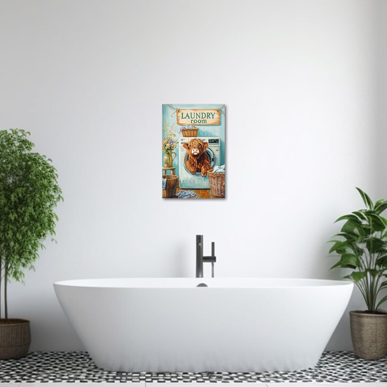 AWPANERAR Laundry Room Wall Art Rustic Highland Cow Laundry Pictures Print Cute Baby Cow Painting Funny Laundry Room Sign Poster Bathroom Decor Framed (24L x 16W)