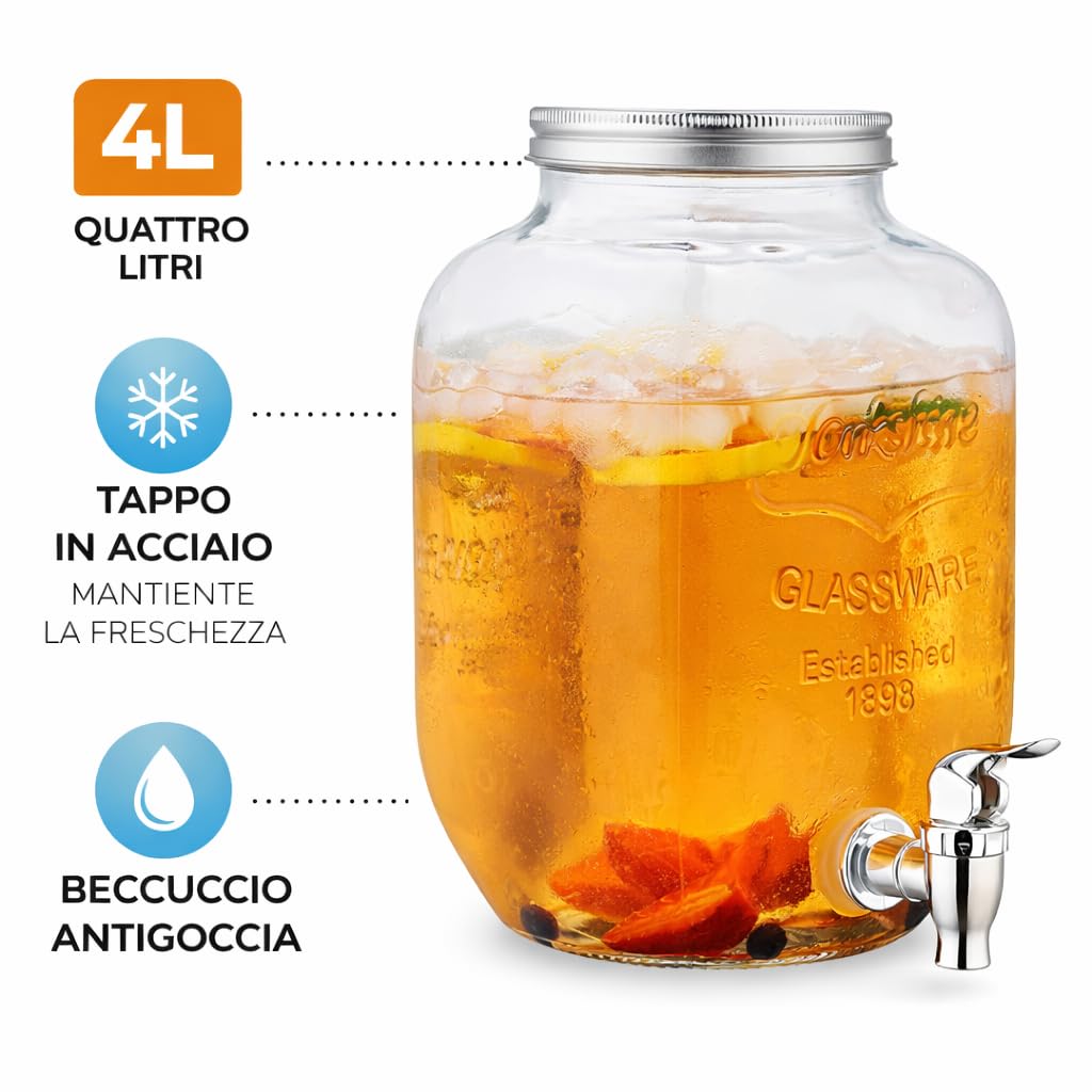 Dispenser Bevande in Vetro 4L con Rubinetto e Tappo Acciaio Ermetico, Barattolo per Acqua, Cocktail e Bibite, 33x20 cm, Contenitore per Feste, Catering, Casa e Giardino, Design Elegante