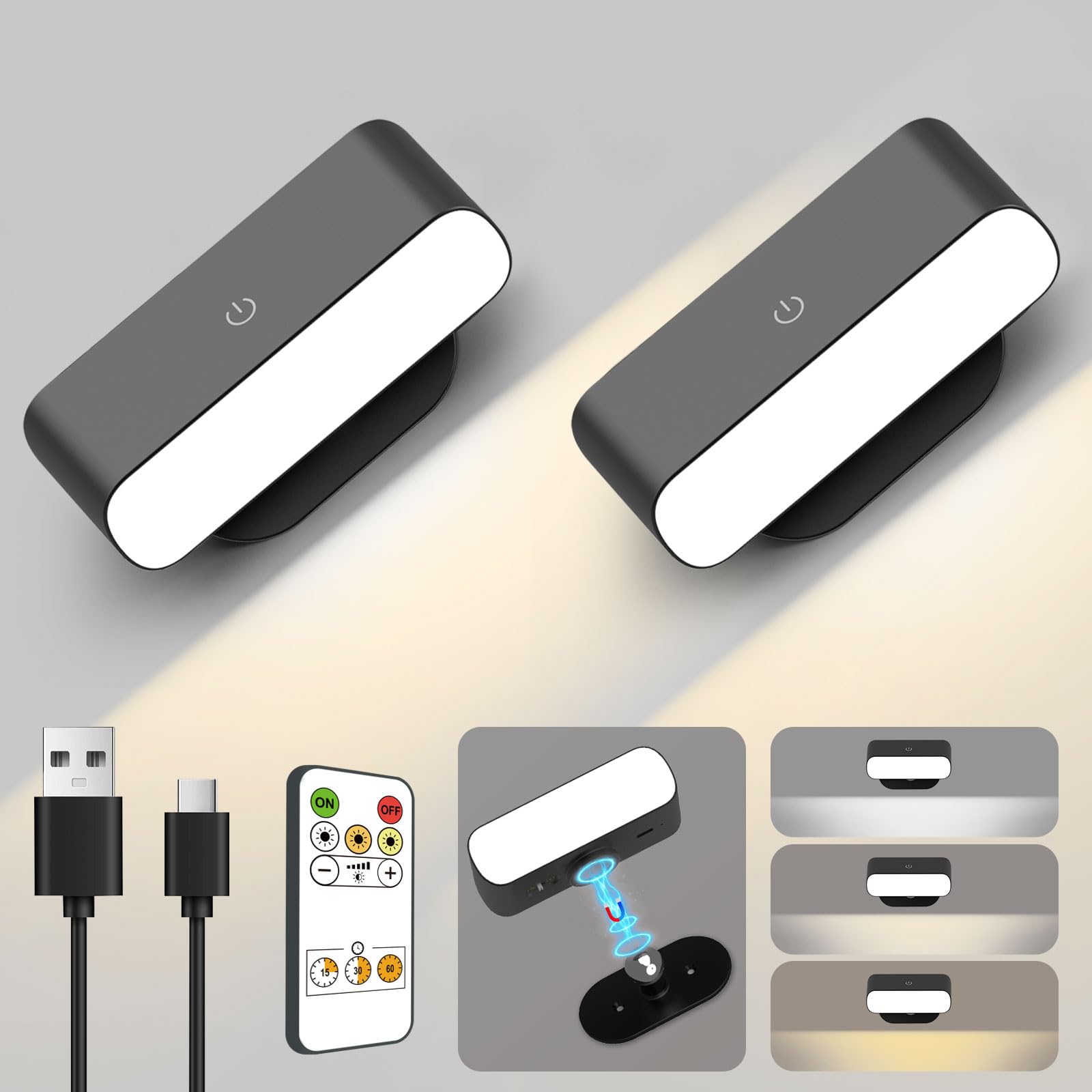 Alinana LED Akku Wandleuchte Innen, 2 Stück Wandlampe akku mit Touch- und Fernbedienung, 3 Farben Dimmbar Wandleuchte, 360° Drehbar, für Wohnzimmer, Schlafzimmer, Treppenhaus, Flur