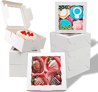 SLShePack 55pcs 6"x6"x2½" White Bakery Boxes with Window Cookie Boxes Small Cake Boxes Macaron Boxes Pie Boxes Truffle Chocolate Boxes
