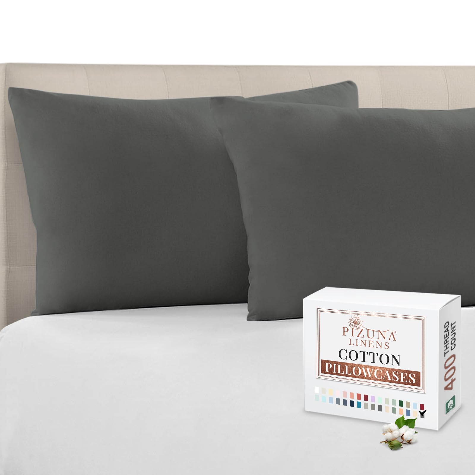 Pizuna Dark Grey 100% Cotton Housewife Pillowcases 2 Pack 48X74cm, 400 Thread Count Long Staple Combed Cotton Pillow Cover, Sateen Weave Standard Housewife Pillowcase (Cotton Pillowcase Pack Of 2)