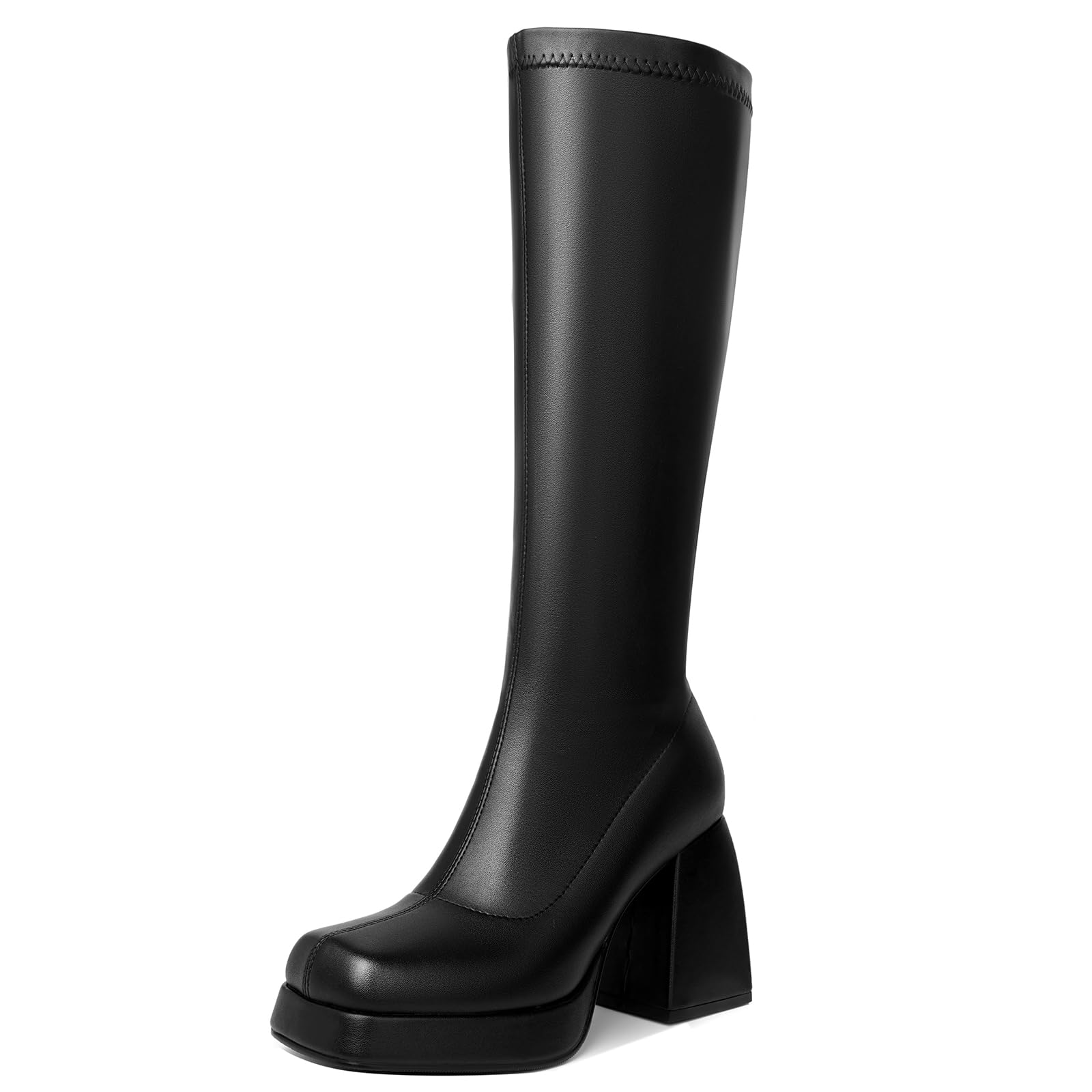 HEIFINKnee-High Gogo Boots for Women, Square Toe Block Heel Bootie