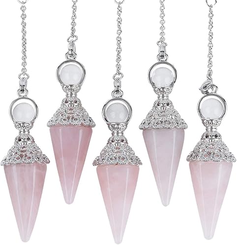 Miniatura 3 de Rockcloud Péndulo puntiagudo de cristal de cuarzo rosa natural con cadena de 7 cuentas de piedra de chakra, colgante de chakra Reiki de 6 facetas