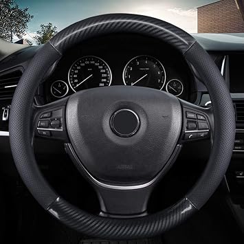KAFEEK Classic Carbon Fiber Steering Wheel Cover, 15 inch, Black | Breathable Microfiber Leather, Anti-Slip Comfortable Car Grip, Steering Wheel Protector for Men Women